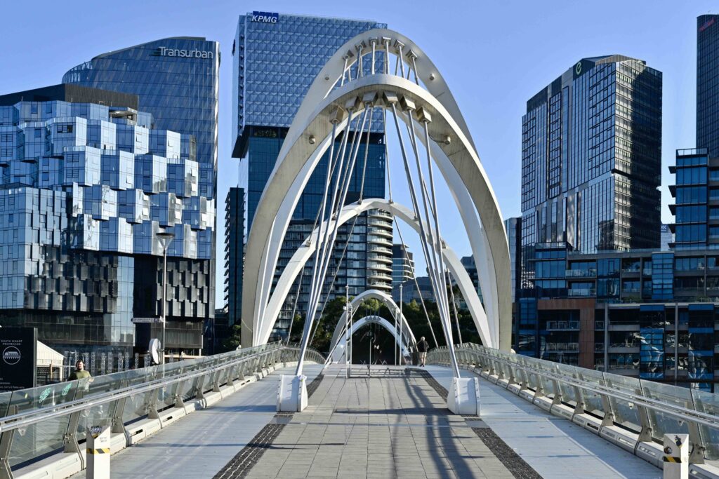 The iconic arched pedestrian bridge leading to the Convention Centre, paved with hard-wearing stone pavers from Eigen Stones to accommodate high foot traffic.