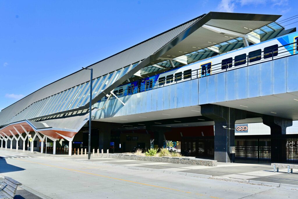 The impressive, modern architecture of Mernda Station, with its expansive stone-paved forecourt supplied by Eigen Stones.