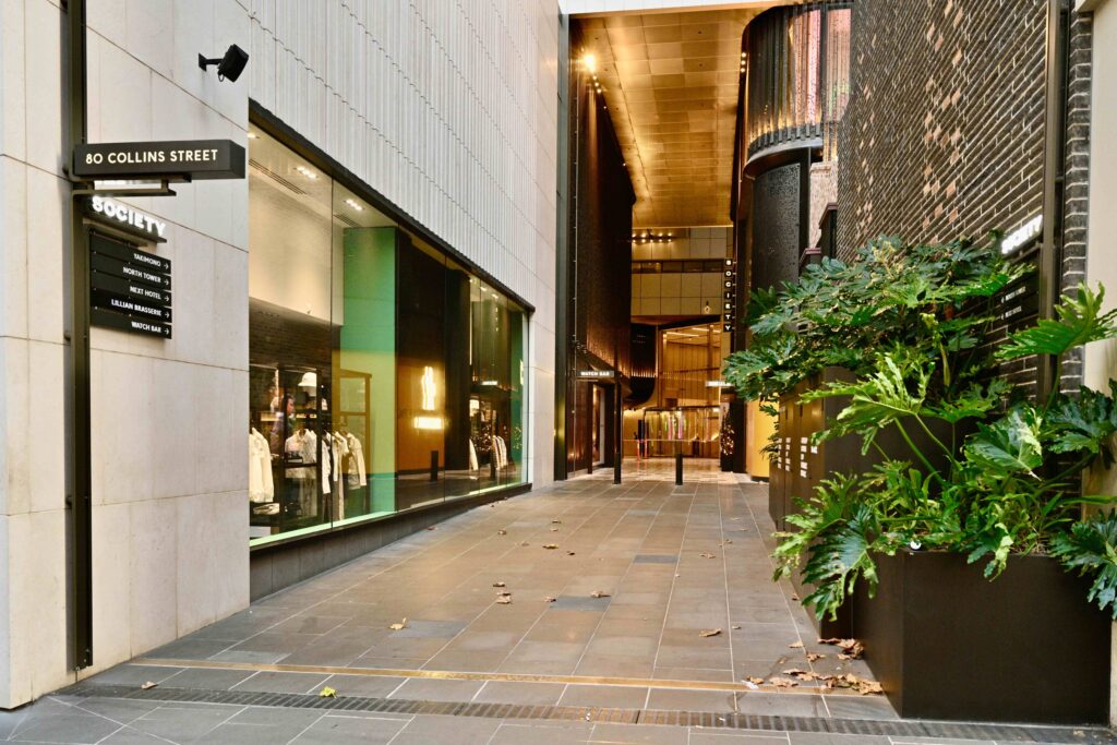 The chic, exclusive laneway at 80 Collins Street, paved with premium stone from Eigen Stones and leading towards high-end retail stores.