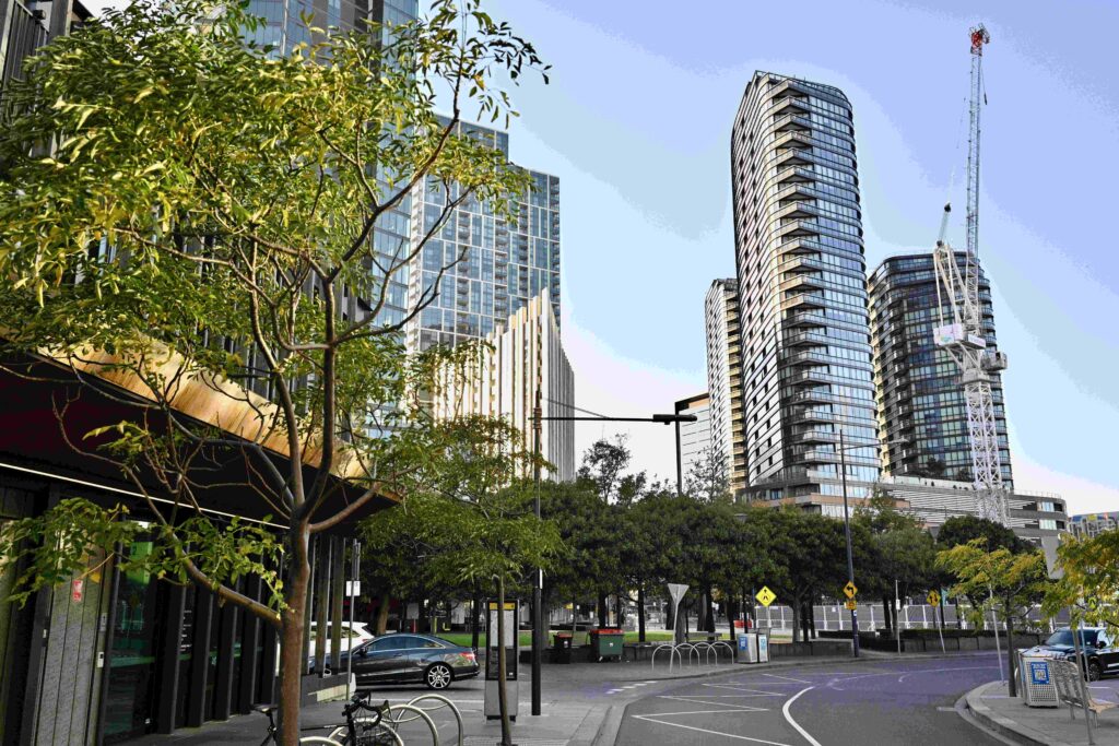 The modern high-rise towers of Docklands provide a backdrop to the green streetscape featuring stone hardscaping from Eigen Stones.