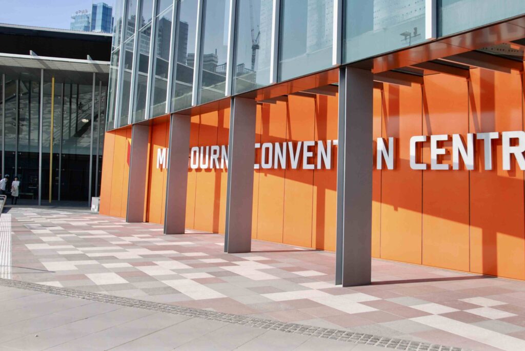 A detailed view of the multi-toned, patterned stone paving supplied by Eigen Stones for the Melbourne Convention Centre's expansive outdoor plazas.